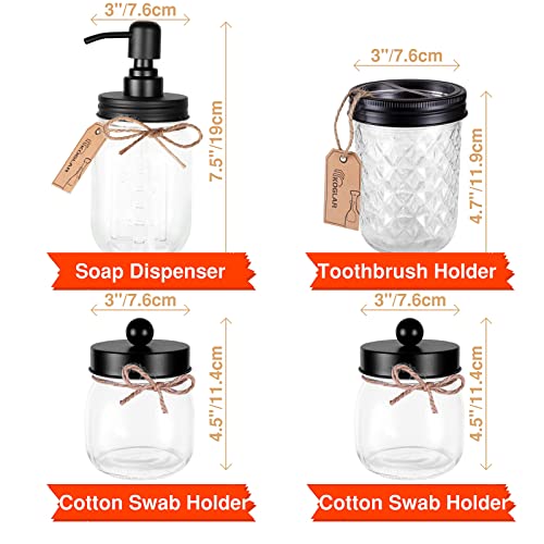 Mason Jar Bathroom Accessories Set 4 Pcs - Lotion Soap Dispenser & Toothbrush Holder & 2 Cotton Swab Holders - Rustic Farmhouse Bathroom Decor Countertop Vanity Organizer, Black #TOP5