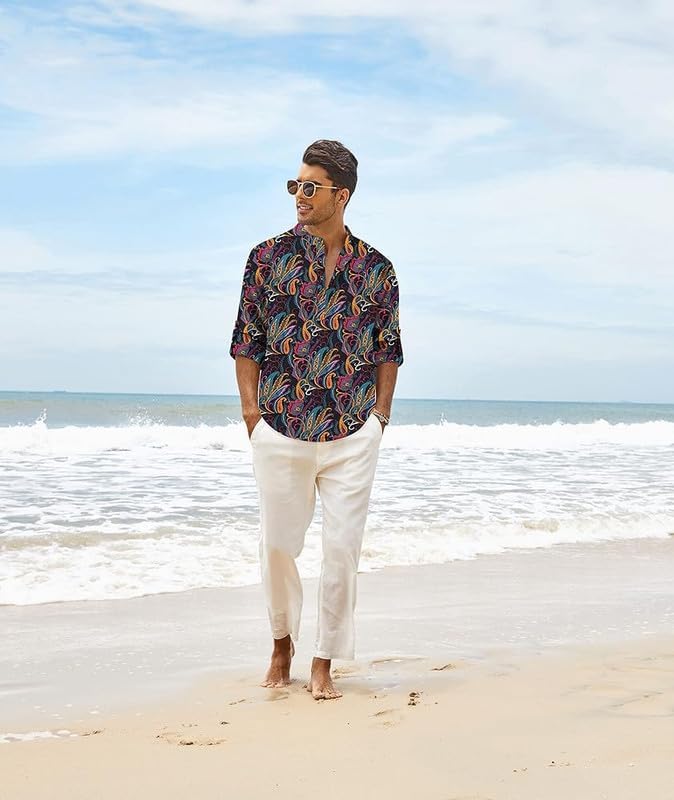 Image of Men's Cotton Blend Full Sleeve Printed Short Kurta with Mandarin Collar Crafted from a Premium Cotton Blend