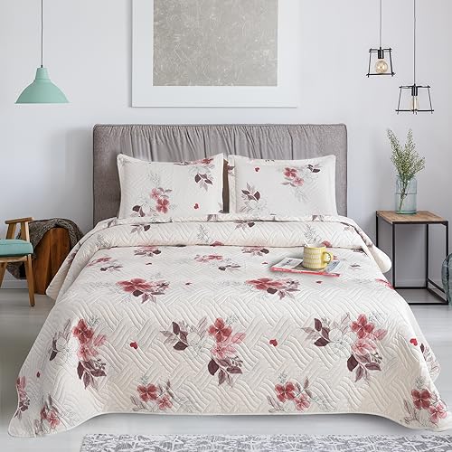 CHARKHAH 3 Piece Reversible Quilted Bedspread Set Lightweight Microfiber Patchwork Floral Quilt with 2 Pillow Shams – 30 Stylish Designs Ideal for Double & King Size Beds 220x240cm (Blush Petals)
