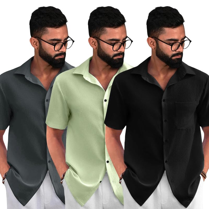 Image of Tee Projekt Solid Shirt for Men's ||Pop corn Shirt|| Solid Shirt for Men's|| Casual Shirt for Men||Half Sleeve Spread Collar Shirt for Men|| Pack of-3