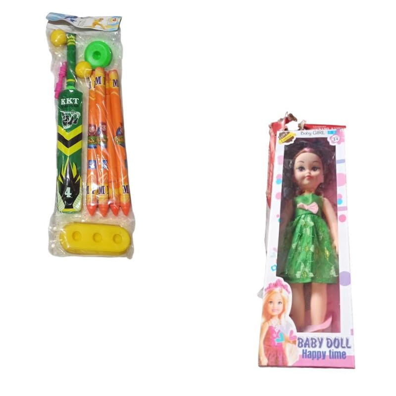 OLIFIN Plastic Swb Cricket Set for Kids, Bat with Stumps and Ball for Kids Green Small Green Gudiya/Doll for Baby Girls/Kids (Pack of 1)