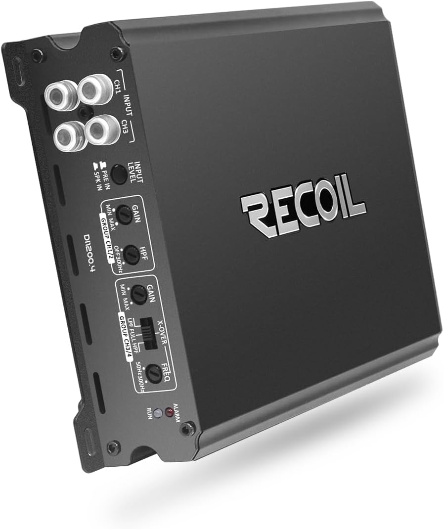 Recoil DI1200.4 Full-Range Class-D 4-Channel Car Audio Amplifier 2400 Watts, 2-4 Ohm Stable, Mosfet Power Supply, Bridgeable
