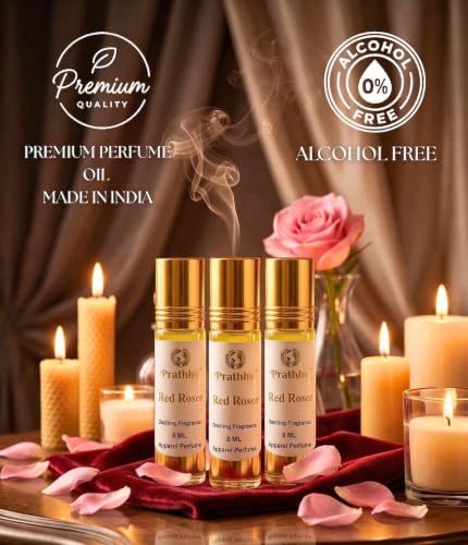 Image of Red Rosee Attar Roll-On Perfume Oil 8 ml x 3 | Alcohol Free | Long Lasting Rich Fragrance | Men & Women | Pocket Size Travel Friendly Roll On | Daily Wear Fragrance - Pack of 3
