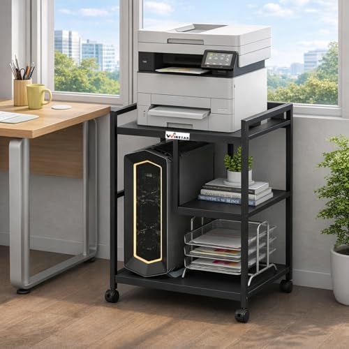 Image of WINSTAR Large Printer Stand with Storage Shelf for Home Office Organization | Made in India Printer Table on Wheels, Shredder & CPU Stand, Rolling Cart for Computer (Black, Split Shelf-31x24x18 in)
