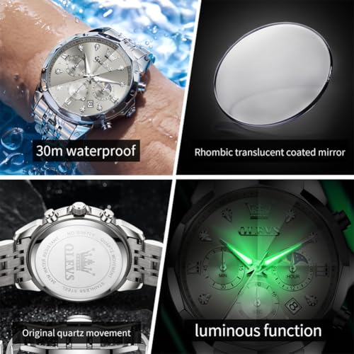 Image of OLEVS Watch for Men Luxury Gold Diamond Chronograph Business Wristwatch with Analog Quartz, Date Calendar, Stainless Steel Band, Luminous Hands, Waterproof
