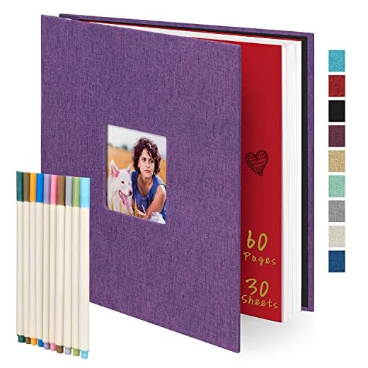 Photo Album Self Adhesive 60 Pages Large Bright Purple Linen Hardcover for 2x3 3x5 4x6 5x7 6x8 8x10 Pictures (11x10.6inch) with 10 Metallic Pen, Magnetic Scrapbook Album for Your Family and Friends