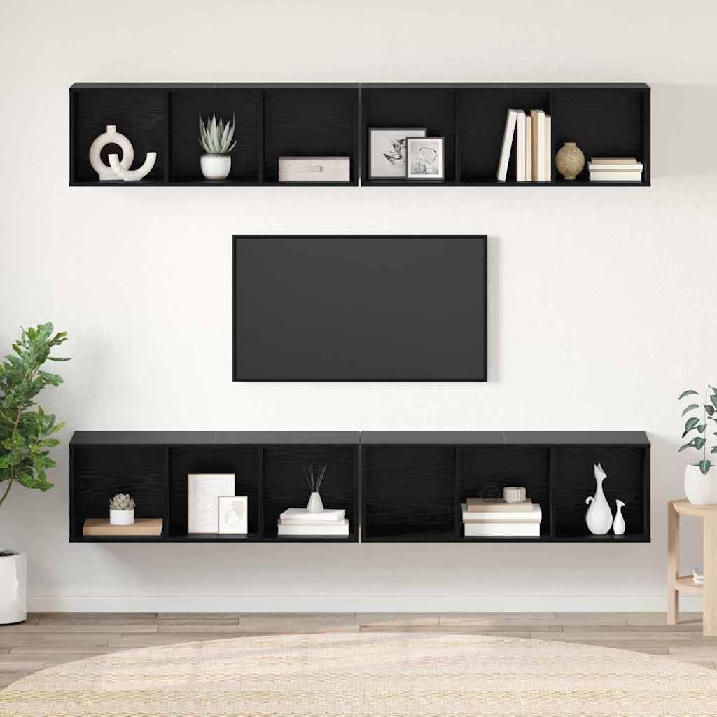 Espace de rangement meuble TV suspendu lot de 4 blocs chêne noir anti-câbles visibles