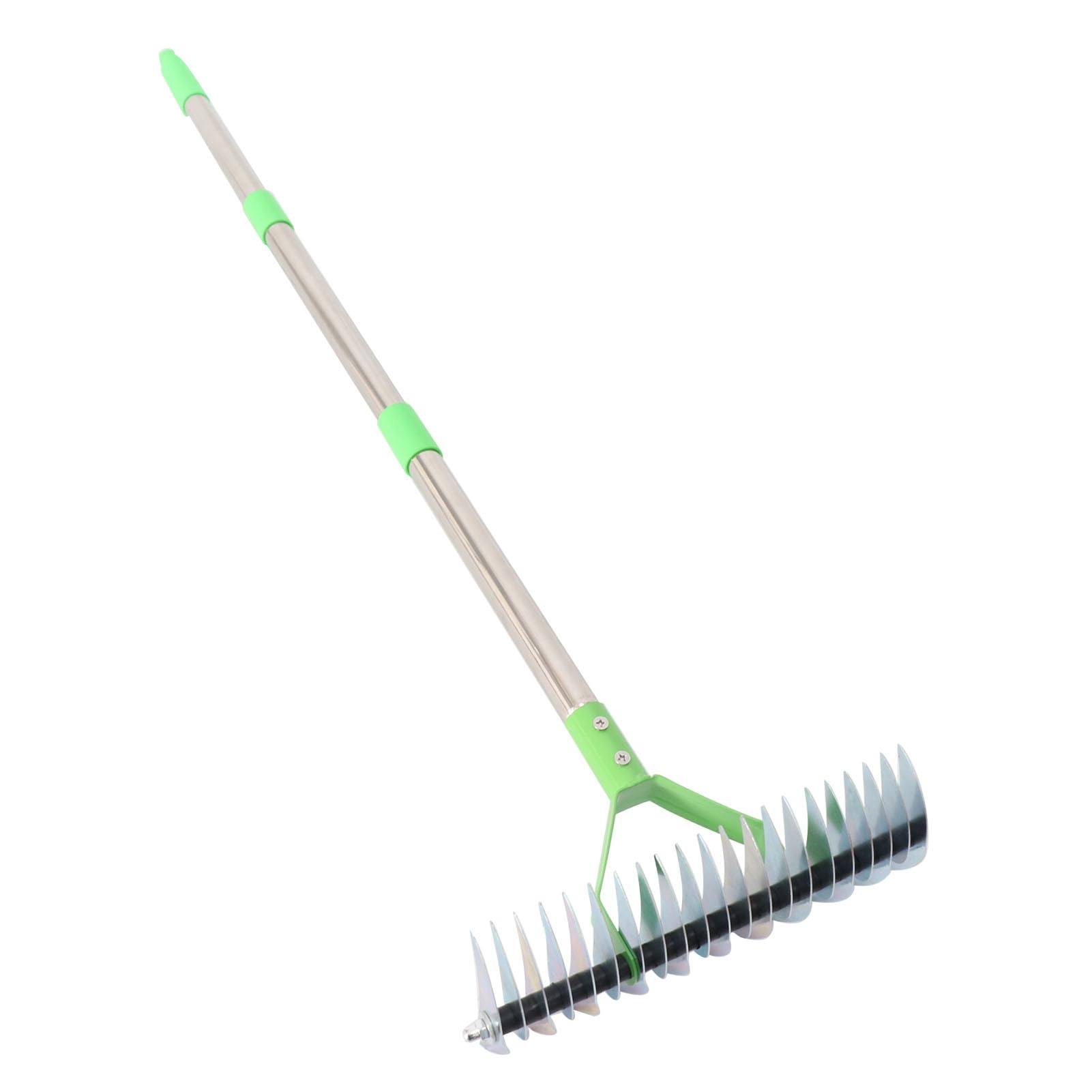 Rengue Rastrillo de Paja, Rastrillo de Césped, de Paja de 3 Secciones de Acero Inoxidable con Púas Curvas y Ergonómico para Techar, Fertilizar, Resiembra, Labrar
