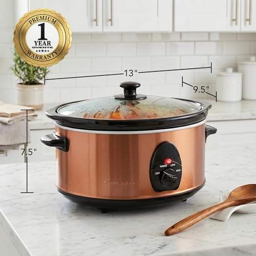 Image of OVENTE 3.7 Qt Electric Slow Cooker, 3 Heat Settings, Copper SLO35ACO | 200W Non-Stick & Dishwasher Safe Stoneware, Stainless Steel Body, Glass Lid, Oval Pot for Entrees, Soups, Sauces, Stews, Dips