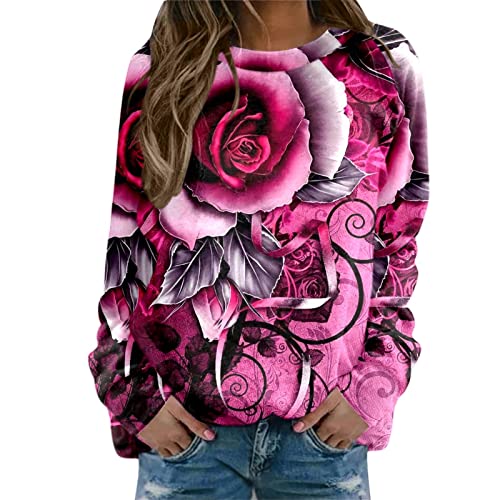 DABAOK - Sudadera con capucha para mujer, cuello redondo, informal, manga larga, rosa brillante, XL, rosa fuerte, XL