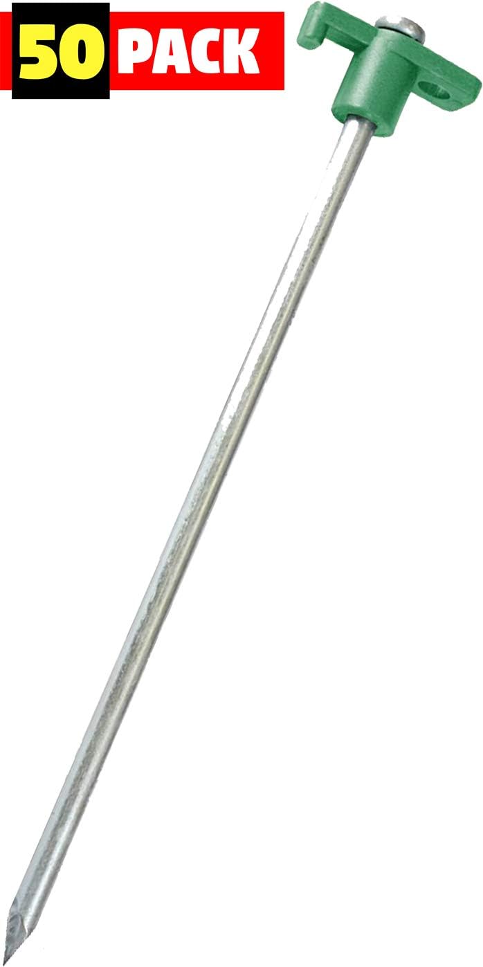 Tent Pegs Stakes T-Top Rubber Top with Heavy Duty Steel Nail Ground Spikes 10" Long 50-Pack