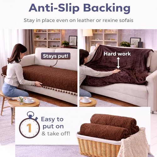 Image of Cortina Velvet Sofa Cover with Tassels | Sofa Couch Protector | Machine Washable Sofa Topper (Marron, 2 Seater)