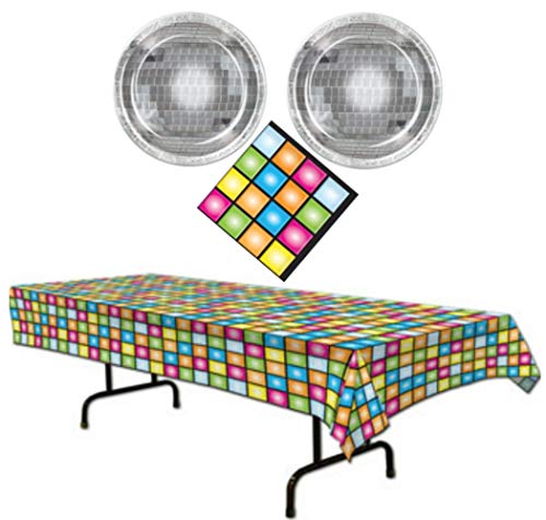 Disco Ball 70s Party Supplies Themed Paper Plates, Napkins and Table Cover Serves 16 Guests