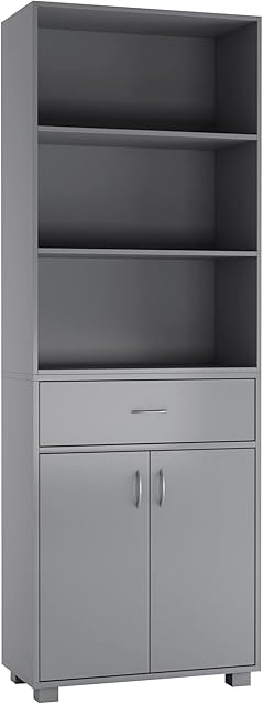 URBNLIVING 5 Tier Wooden Free Standing Tall Display Cabinet Bookcase Unit Wide Open Shelves Drawer Storage (Grey)