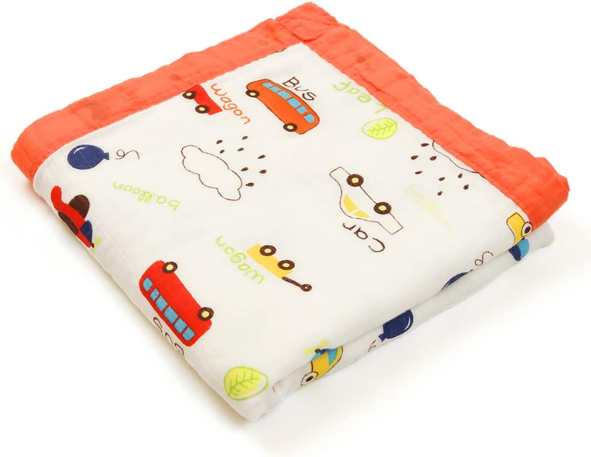 Organic Muslin Swaddle Blankets, 6 Layers Infant Muslin Quilt, Super Soft Breathable, Large Size 43X45inchs (Car)