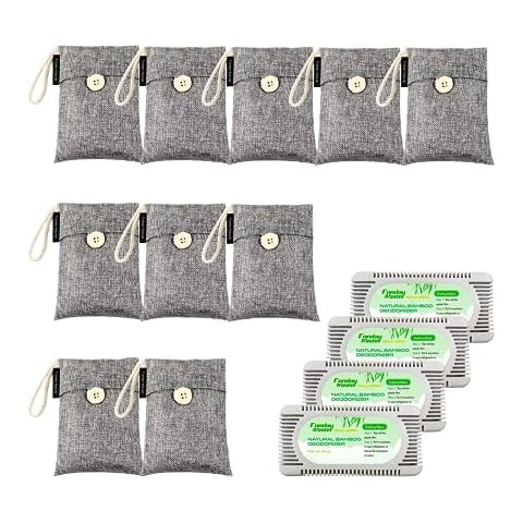10 Packs Fonday Bamboo Charcoal Deodorizer Bags(100g each) with 4 packs fridge deodorizer, Odor Eliminator & Absorber Air Purifying for Gym Bag Shoe Car Pet Closet Cover