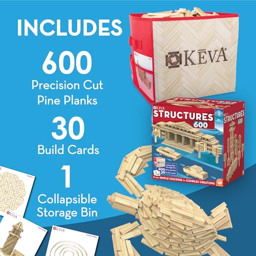 Image of MindWare KEVA Structures 600 Plank Wooden Building Blocks Set, Includes 600 Pine KEVA Planks, 30 Idea Cards and Collapsible Storage Bin