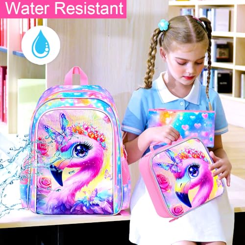 Image of 16 inch Flamingo Backpack for Girls, 3Pcs School Bookbag Set with Lunch Box, Kids Backpacks for Elementary Preschool Kindergarten (Rainbow)