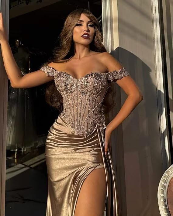 AUMEELAM Sparkly Sequin Off The Shoulder Prom Dress for Women Lace Applique Mermaid Formal Evening Dresses2