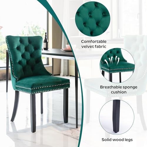 Image of 5-Piece Dining Table Set with 39In Tempered Glass Table and 4 Velvet Upholstered Chairs, Modern Scandinavian Furniture for Dining Room Kitchen(Green)