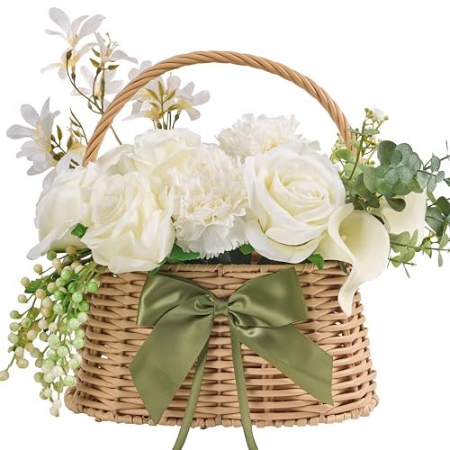 VestVood Small Elegant Artificial Flowers Arrangement: high-end Faux White Roses with Woven Basket, Dining Decor, Kitchen, Living Room, Wedding Decorations, (Handmade Plastic Basket)