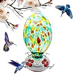 REZIPO Hummingbird Feeder with Perch - Hand Blown Glass - Green - 40 Fluid Ounces Hummingbird Nectar Capacity Include Hanging Wires and Moat Hook