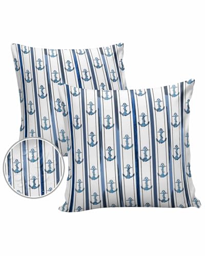 Nautical Blue Anchor Outdoor Pillow Covers Waterproof,All Weather Cushion Case Set of 2 Decorative Pillowcases for Sofa Couch Bed Decor Patio Furniture 16