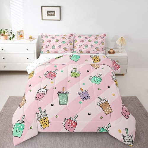 Image of Feelyou Kids Milk Tea Comforter Set Full Size, Cute Bubble Bedding Set Bubble Tea Comforter for Boys Girls Kawaii Duvet Insert Bed Set 3Pcs