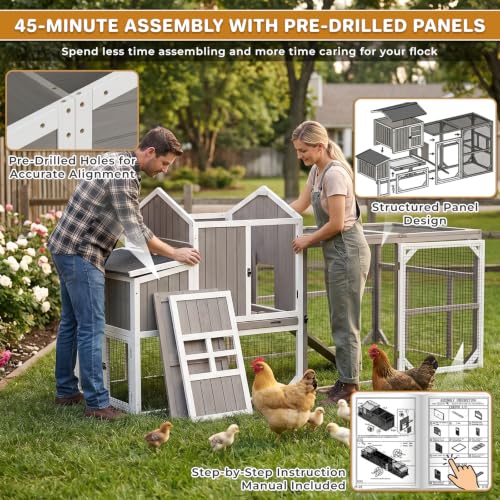Image of Large 95.3 in Outdoor Chicken Coop with Run & Wheels for 3-6 Chickens | Wooden coop with 3-compartment nesting box, 2 dividers, pull-out tray, UV-resistant roof, predator-resistant wire mesh