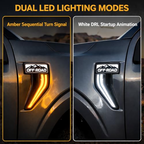Image of LED Fender Vent Lights for Ford F-150 2021-2025, Sequential Turn Signal & White DRL with Startup Animation, Smoked OFFROAD Mountain Style Side Vent Light, F150 Exterior Accessories (Pair)