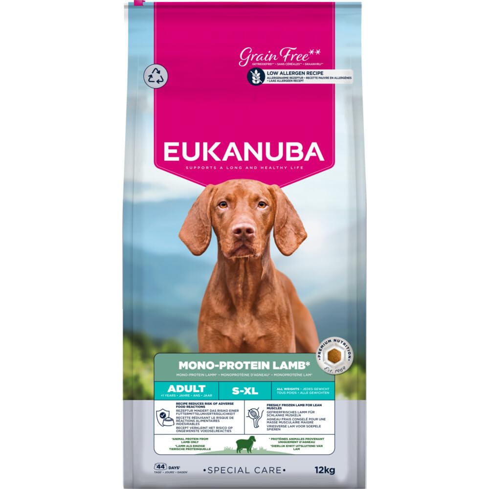 Eukanuba Mono-Protein jagnięca karma dla psów – Special Care sucha karma z jagnięciną jako białkiem zwierzęcym, receptura o niskiej alergenach, 12 kg
