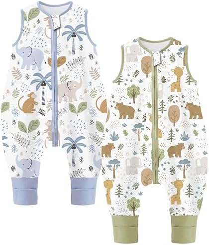 Chilsuessy Baby Schlafsack mit Füßen 2er Pack 1 Tog Kinder Sommer Schlafsack mit Beinen 100% Baumwolle Schlafstrampler für Jungen Mädchen, 1 Tog/Wald Tiere Set, 80cm/Baby Höhe 90-1