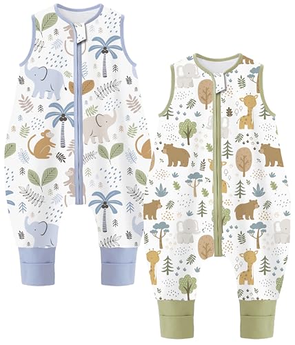 Image of Chilsuessy Toddler Sleep Sack with Feet 3-4 T, 1.0 TOG Cotton Baby Wearable Blanket with Legs, Sleep Bag Walker with 2-Way Zipper, Blue & Green Animals
