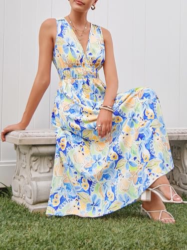 womens summer sleeveless v neck boho long dress floral print midi sundress