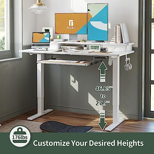 Fezibo Height Adjustable Electric Standing Desk With Keyboard Tray, 55 X 24 Inch Stand Up Table With Storage Shelf, Sit Stand Desk, White Top #TOP3