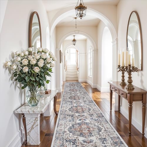 Hallway Washable Runner Rug - 3x20 Kitchen Rugs Entryway Rug Long Runner Vintage Soft Floor Mat Non Slip Indoor Farmhouse Carpet for Bathroom Living Room Bedroom (3 X 20, Brick)