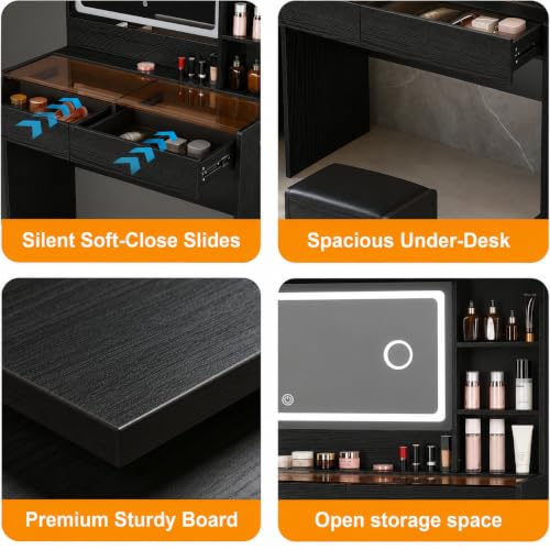 Image of Vanity Desk with Mirror and Lights, Makeup Vanity Table with Glass Top, RGB Light Strip, Adjustable Brightness, 2 Storage Drawers, Black Beauty Station for Women and Teen Girls