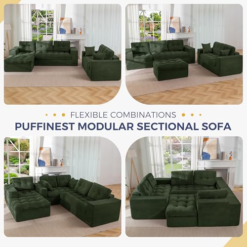 Image of MAXYOYO Modular Sectional Sofa with Ottoman and Loveseat, Cloud Boneless Couch with Layered Cushion, Flexible Module Combination Sofa for Living Room, No Assembly Required,Dark Green