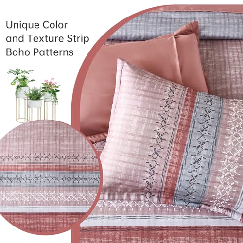 Image of Boho King Comforter Size Set, 8 Pieces Blush Pink Striped Texture Bed in a Bag Bedding Sets, Lightweight Soft Comforter and Sheet Set, All Season Microfiber Teen Boys Bedding Sets for Men Women