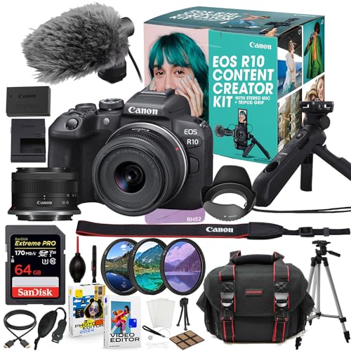 Canon EOS R10 Mirrorless Camera with 18-45mm Lens Content Vlogging Kit with DM-E100 Microphone & HG-100TBR Tripod Grip + 64GB Extreme Accessory Bundle (35 Items) (Renewed)