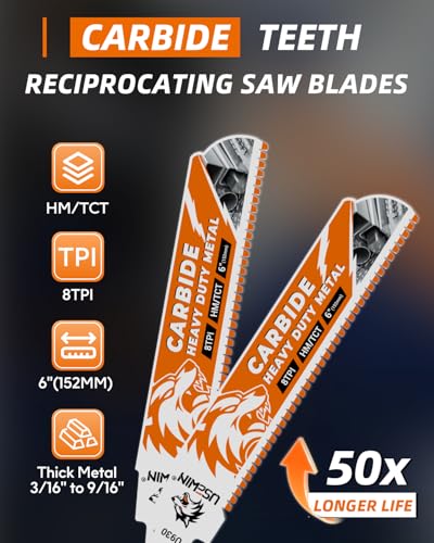 Image of Carbide Reciprocating Saw Blades 3 Pack, 6 Inch 8 TPI Sawzall Blades, for Thick Metal, Metal Pipe, Angle Iron, Rebar