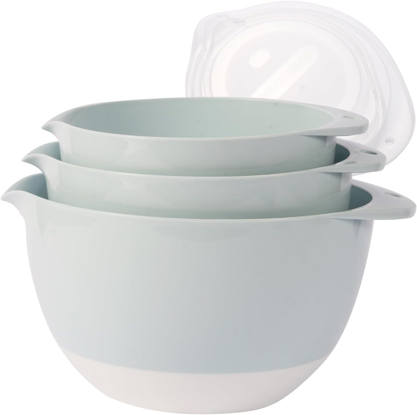 3 Plastic Mixing Bowls with Lids,Pour Spout,4.8in Deep Baking Mixing Bowl Set with TPR Bottom Non Slip,Kitchen Nesting Batter Bowls for Mixing,Prep Food,Dishwasher Safe,3Qt,2Qt,1.5Qt,Gray
