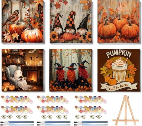 LWZAYS 6 Pack Fall Paint by Numbers Kit for Adults with Frame Easy Autumn Paint by Number for Adults Beginner with Wooden Easel DIY Painting by Numbers Canvas Framed for Home Decor 8 x 8 Inch