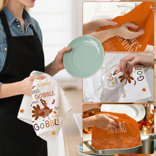 Image of Hexagram Thanksgiving Kitchen Towels Set of 2, Turkey Thanksgiving Decorations for Home, Gobble Hand Towel for Bathroom, Give Thanks Dish Towel