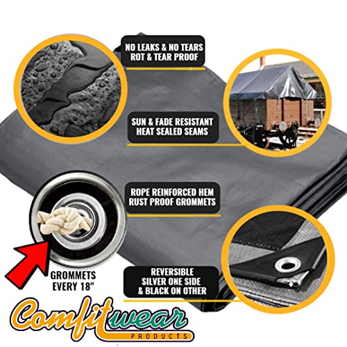 COMFITWEAR Super Heavy Duty Tarp Cover Reinforced Grommet Multi-Purpose Pool Cover Boat Tarp Camping Tarp UV Resistant Waterproof Tarpaulin Canopy Tent Waterproof Tarp Cover (Silver-BLACK, 12\' X 16\')