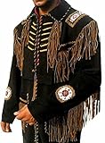 Rapid Mart Men's Western Cowboy Leather Jacket with Fringed Native American Suede Beaded Traditional Leather Coat (US, Alpha, XX-Large, Regular, Regular, Black & Brown)