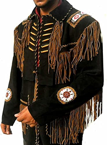 Men's Western Cowboy Leather Jacket with Fringed Native American Suede Beaded Traditional Leather Coat