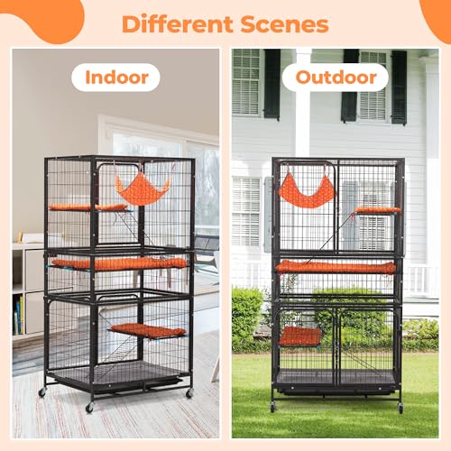 Cat Cages Indoor,4-Tier Ferret Cage, Large Wire Crates with Hammock, Cat Enclosure with 2 Ladders, Cat Kennel with Wheels for Kitten, Guinea Pig, Rabbit, Chinchilla, Black