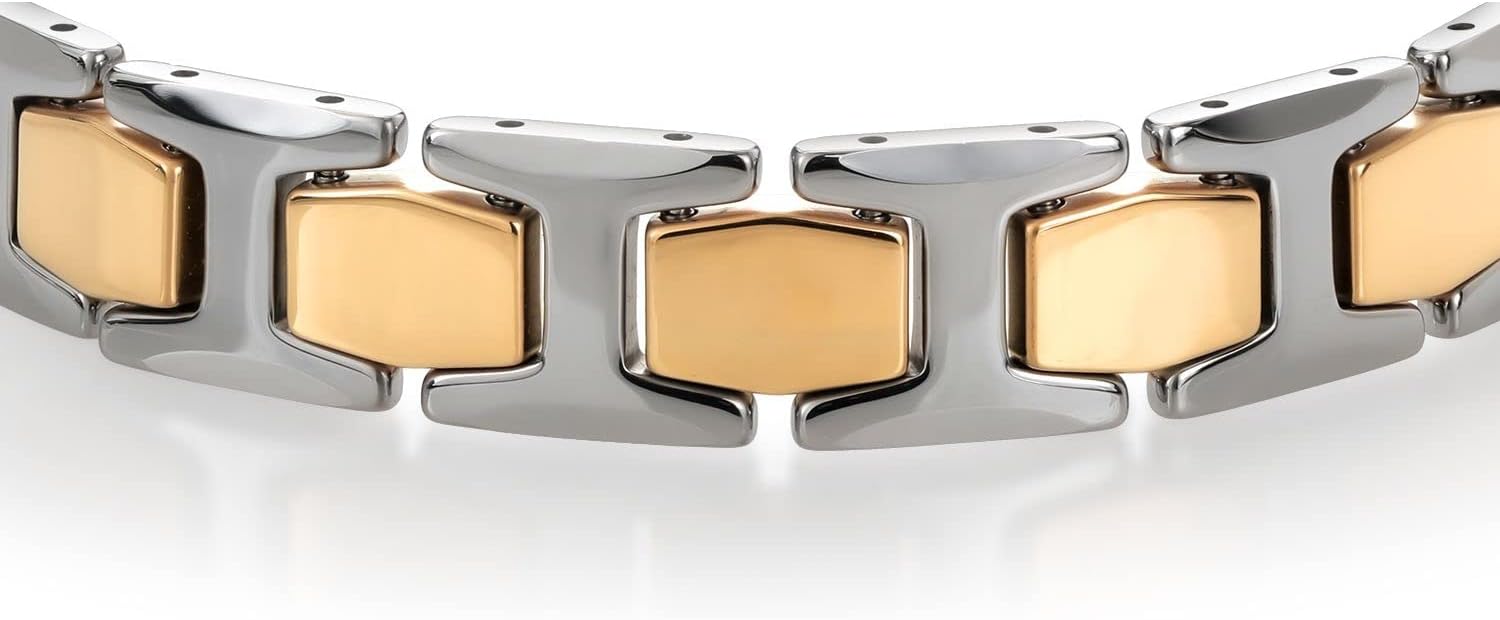 Gem Stone King Men’s Solid Silver and Gold IP Shiny Polished Tungsten Link Bracelet 8.25 Inches in Length with Fold Over Safety Clasp - Image 3