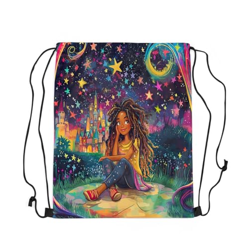 Image of jejeloiu Cute Black Drawstring Backpack 13x15.7inch African American Waterproof Gym Drawstring Bags Cartoon Sports String Backpack Beach Swim Travel Bag Sackpack(No Glitt